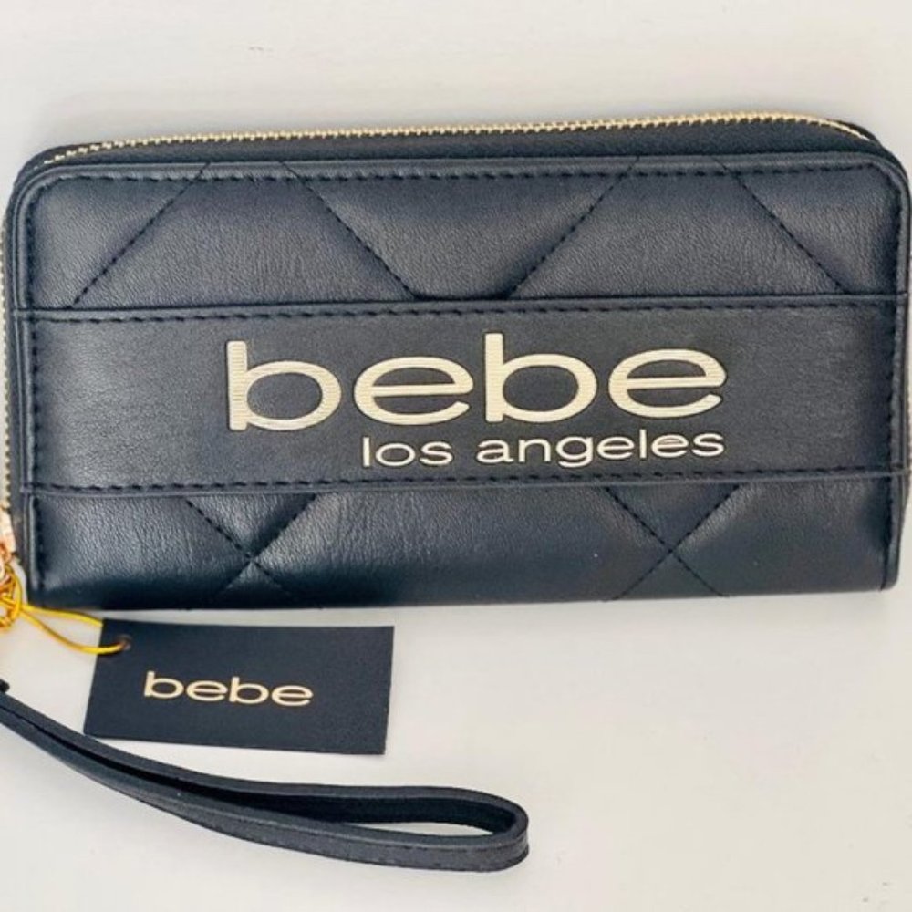 bebe Los Angeles Vivian Gold Tone Black Zip Around Wallet NWT